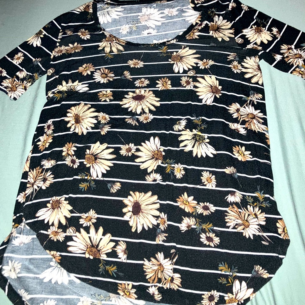 Medium Black and White Striped T-Shirt with Cream Flowers